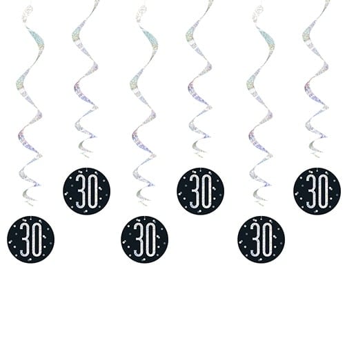 Black Glitz Age 30 Holographic Hanging Swirl Decorations - Pack of 6 Product Image