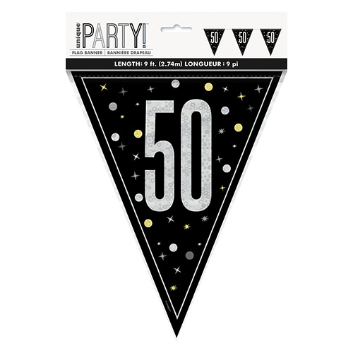 Black Glitz Age 50 Holographic Foil Pennant Bunting 274cm Product Gallery Image