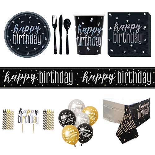 Black Glitz Happy Birthday 8 Person Deluxe Party Pack