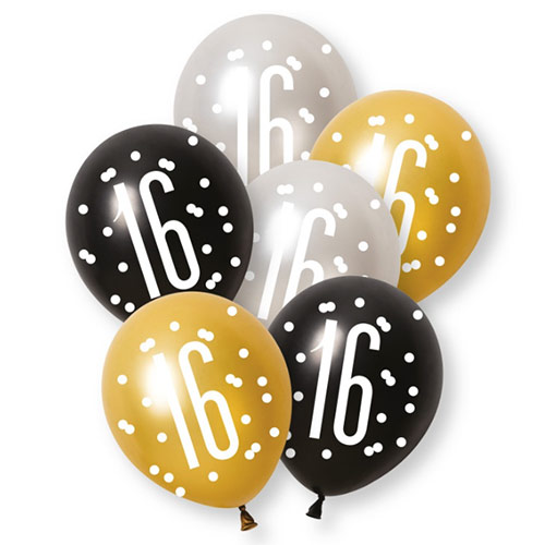 Black Glitz Pearlescent 16th Birthday Assorted Latex Balloons 30cm / 12 in - Pack of 6