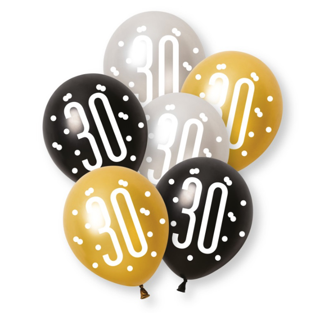Black Glitz Pearlescent 30th Birthday Assorted Latex Balloons 30cm / 12 in - Pack of 6