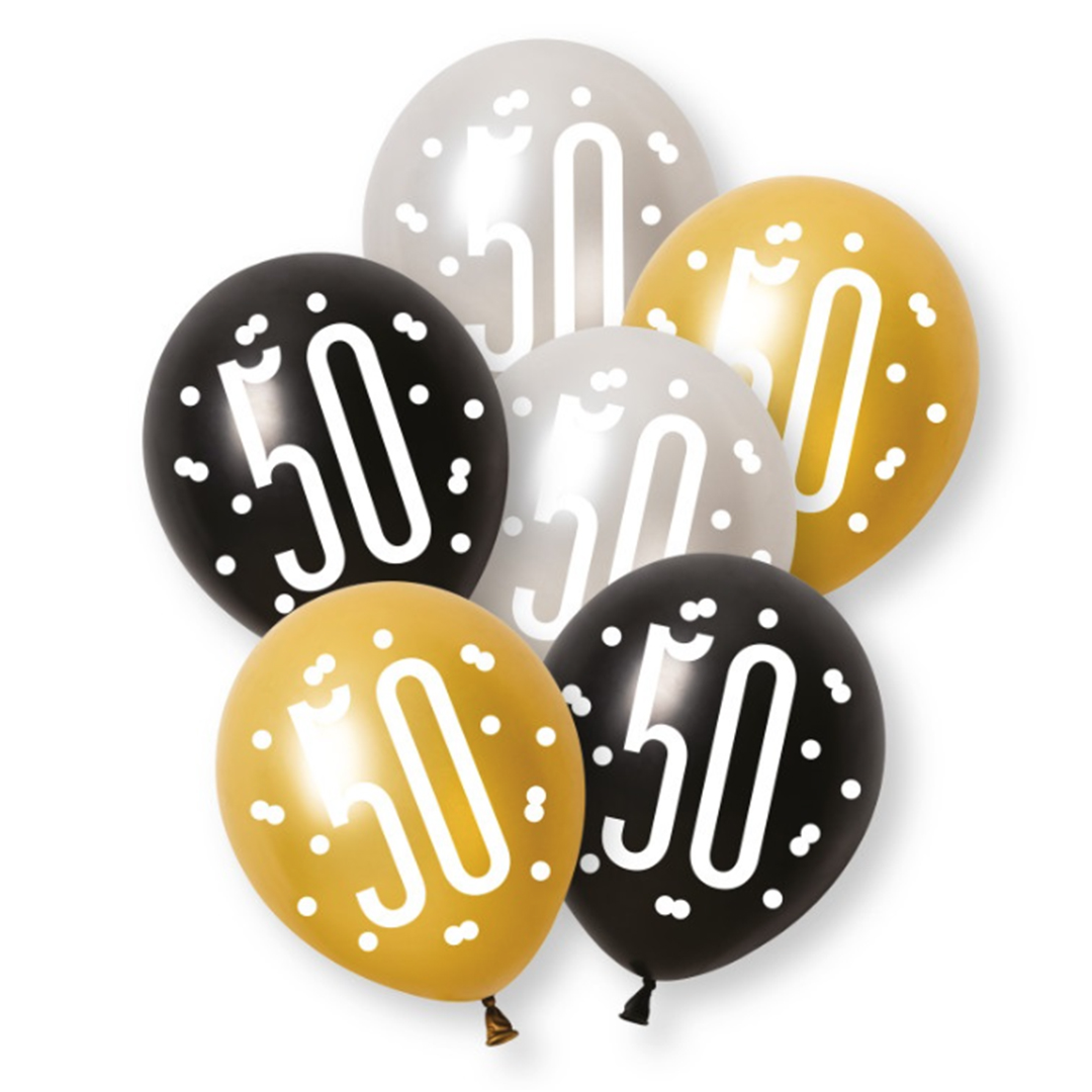 Black Glitz Pearlescent 50th Birthday Assorted Latex Balloons 30cm / 12 in - Pack of 6