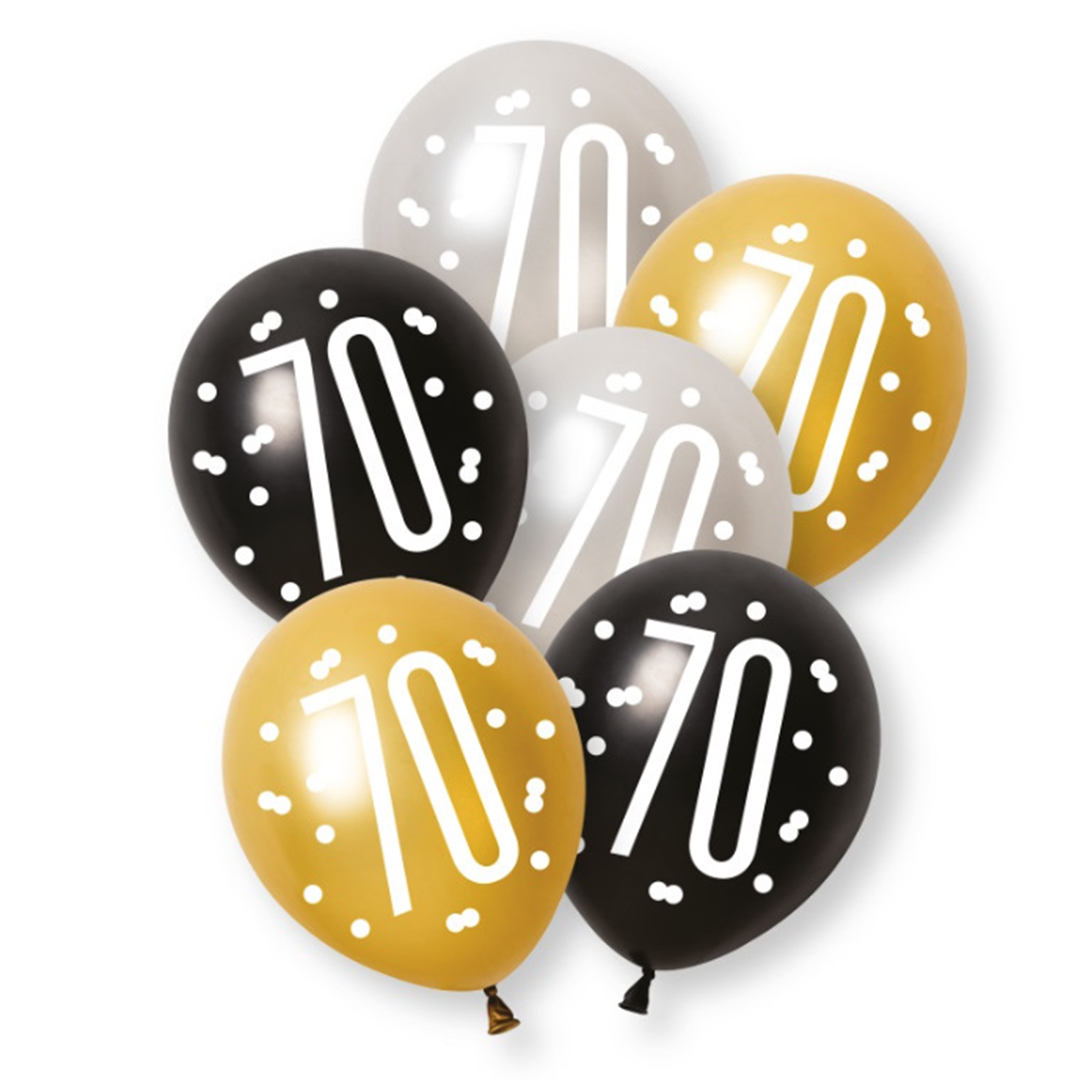 Black Glitz Pearlescent 70th Birthday Assorted Latex Balloons 30cm / 12 in - Pack of 6