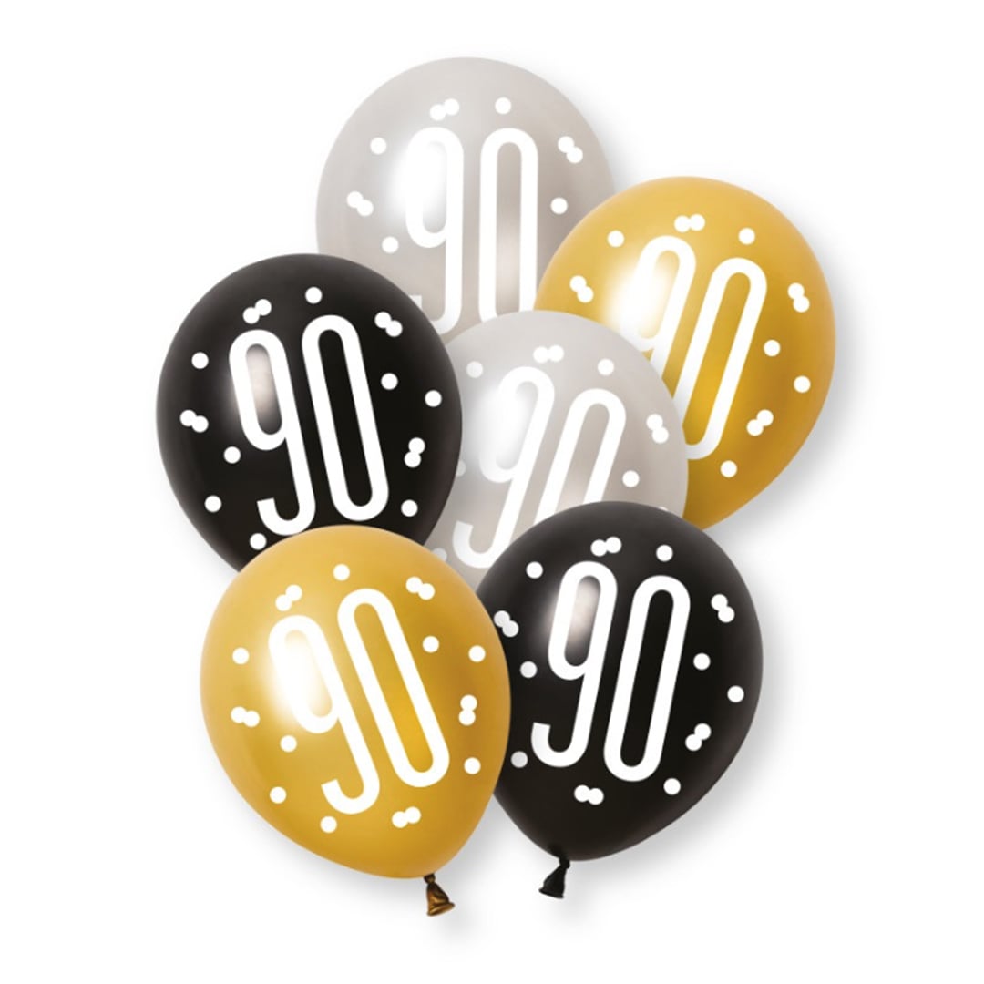 Black Glitz Pearlescent 90th Birthday Assorted Latex Balloons 30cm / 12 in - Pack of 6