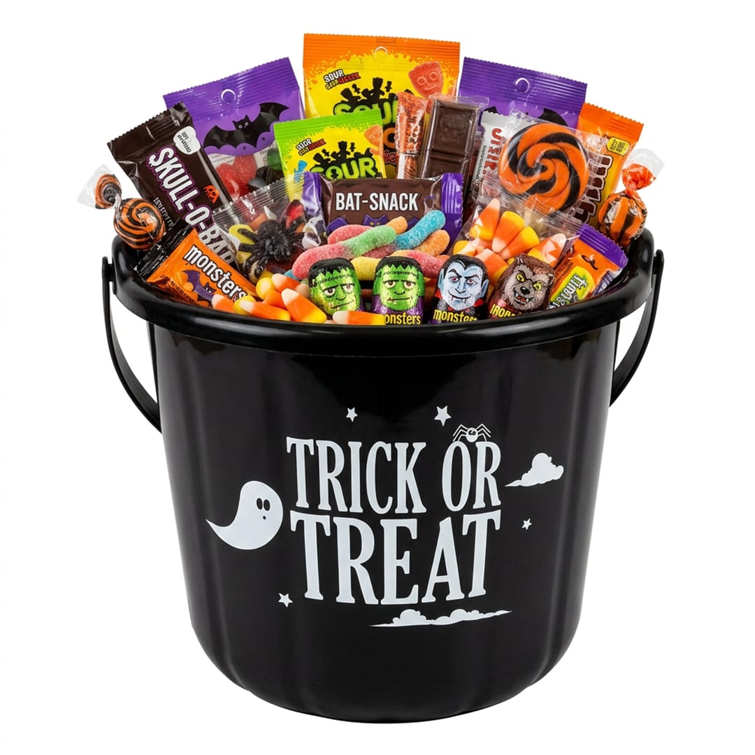 Black Halloween Trick Or Treat Candy Plastic Bucket 18cm