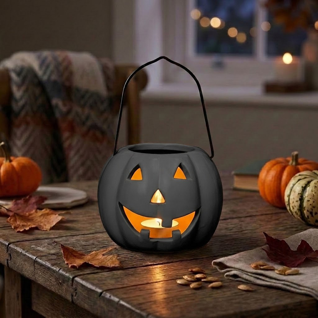 Black Pumpkin Halloween Tea Light Ceramic Candle Holder with Handle 10cm