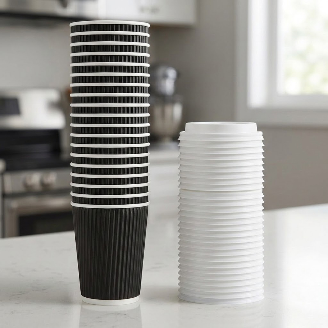 Black Ripple Wrap Paper Coffee Cups 340ml with Plastic White Lids - Pack of 25 View 2