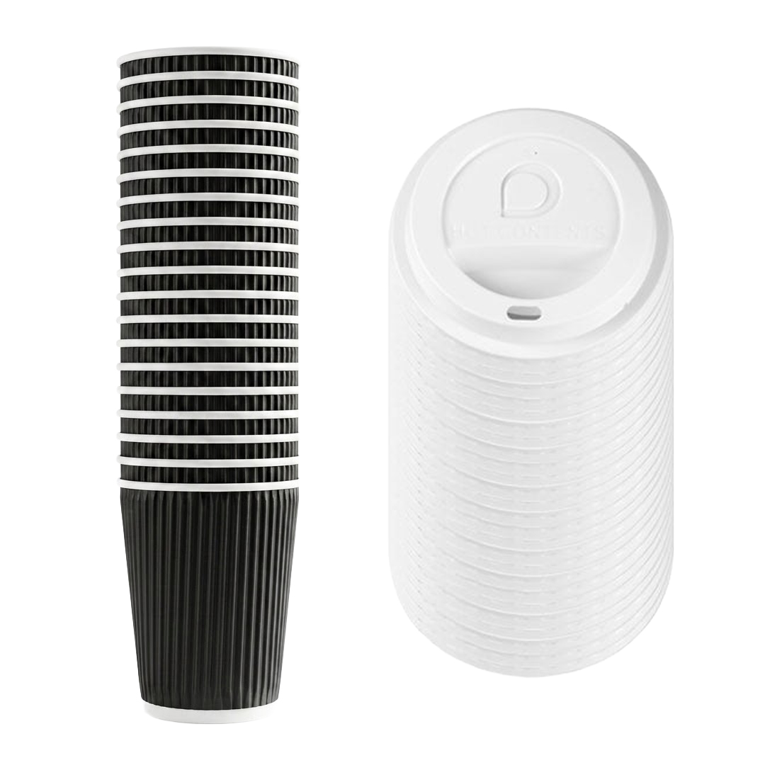 Black Ripple Wrap Paper Coffee Cups 340ml with Plastic White Lids - Pack of 25