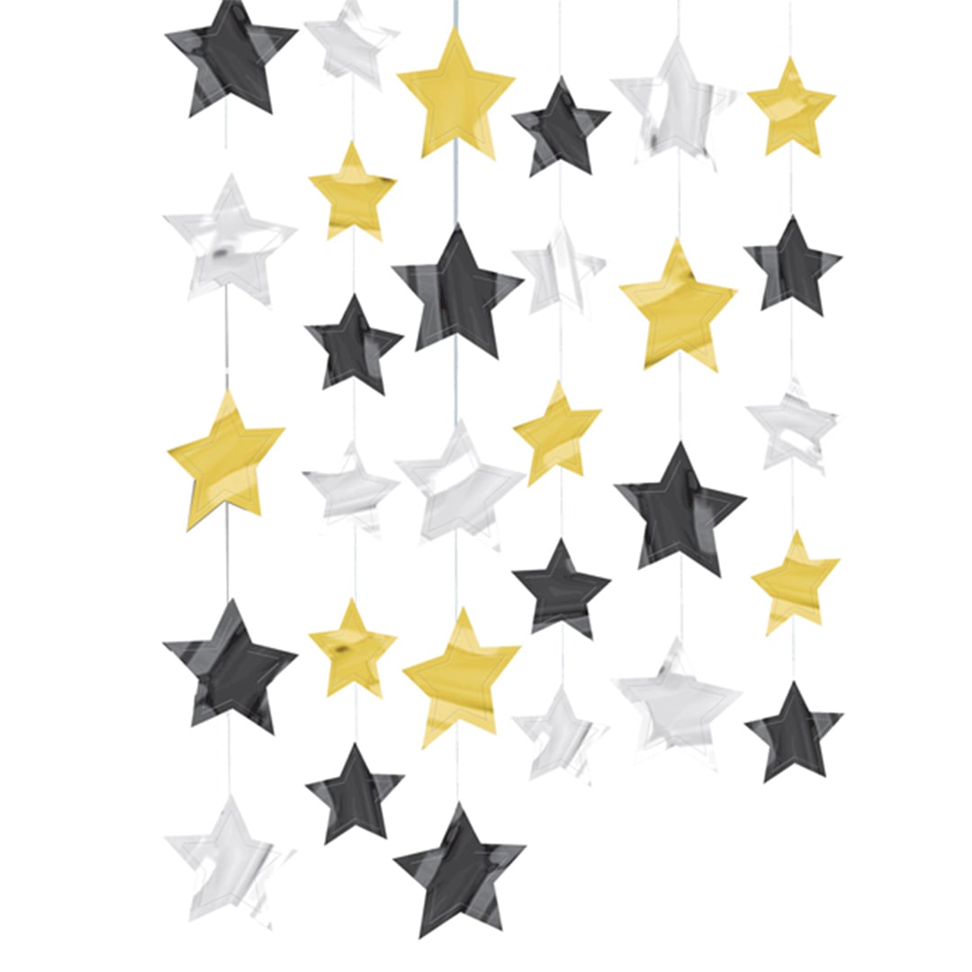 Black, Silver & Gold Star String Hanging Decorations 213cm - Pack of 6