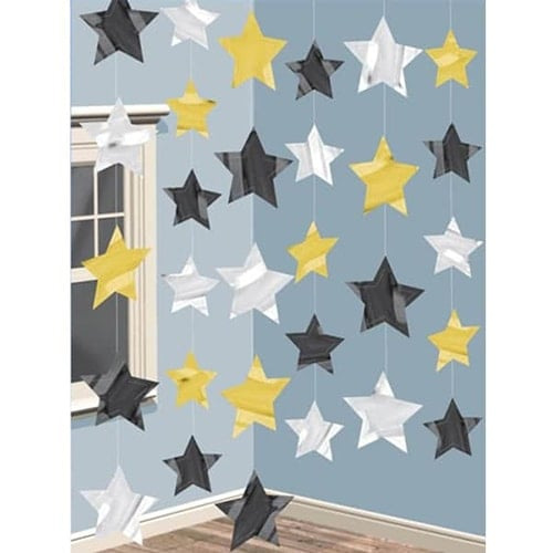 Black, Silver & Gold Star String Hanging Decorations 213cm - Pack of 6 View 2