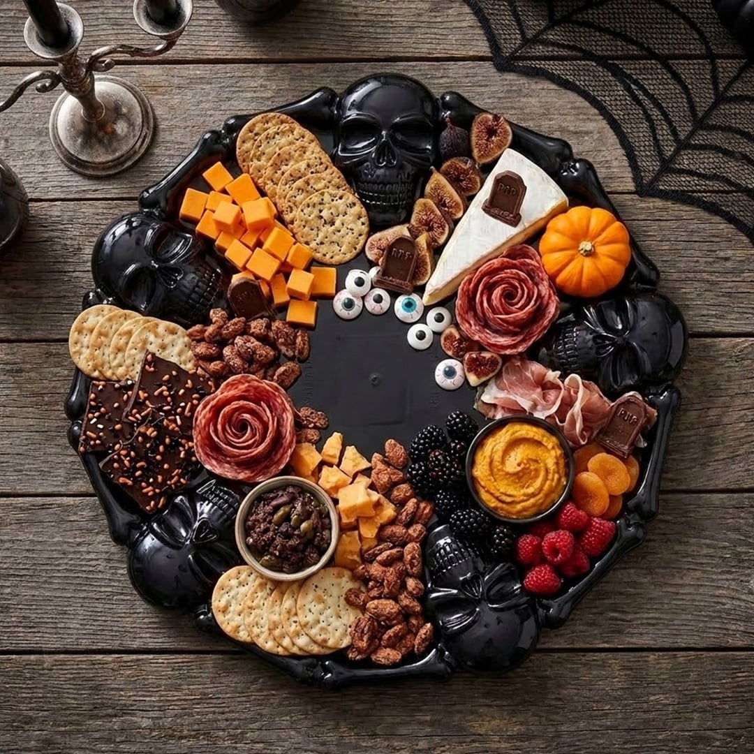 Black Skulls Halloween Round Reusable Plastic Platter 36cm