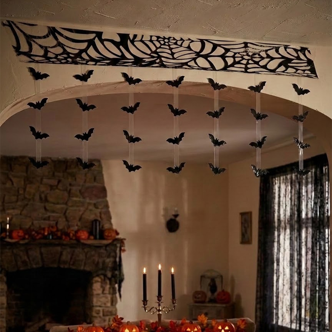 Black Spider's Web Plastic Halloween Hanging Ceiling Decoration with Bats 3m View 2