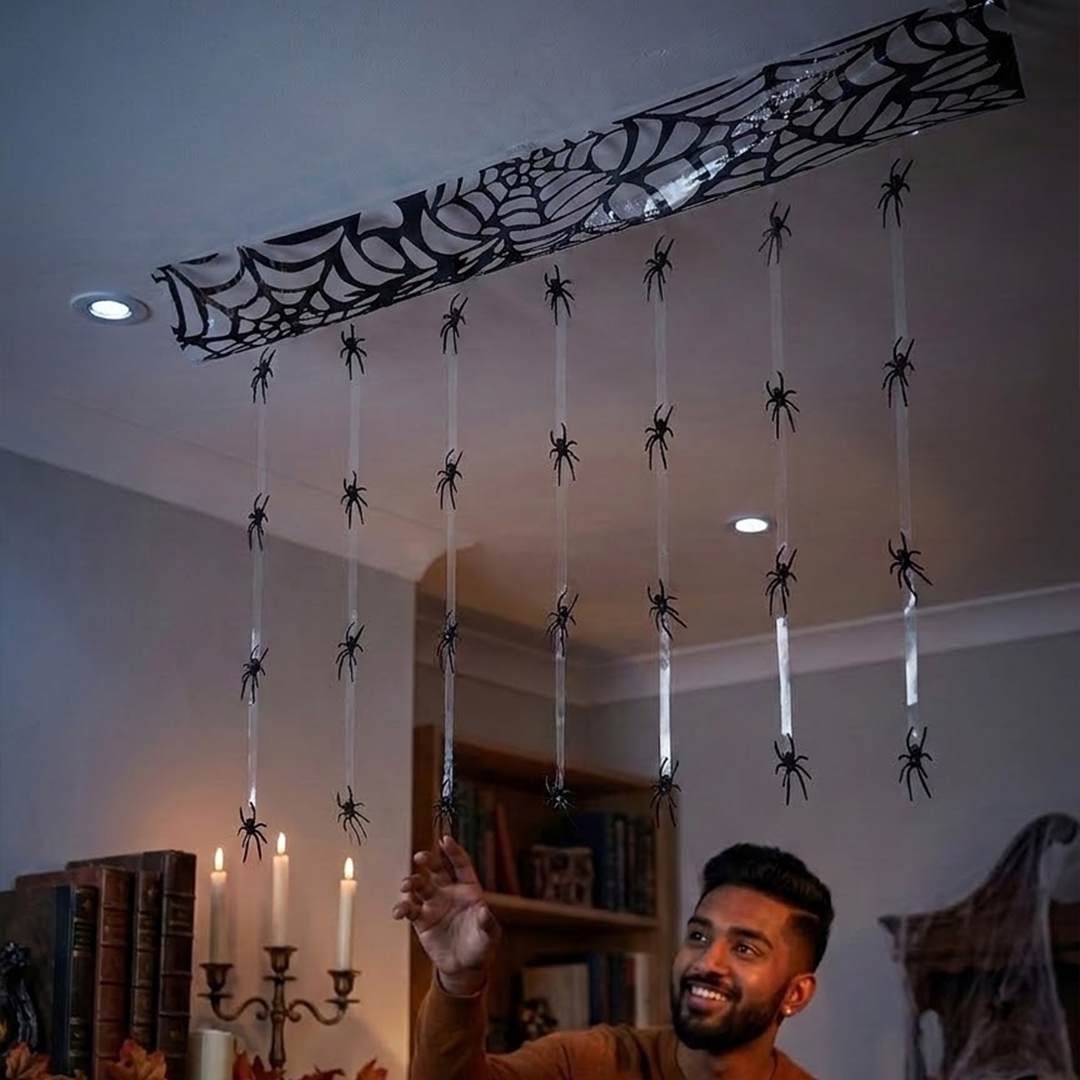 Black Spider's Web Plastic Halloween Hanging Ceiling Decoration with Spiders 3m View 2