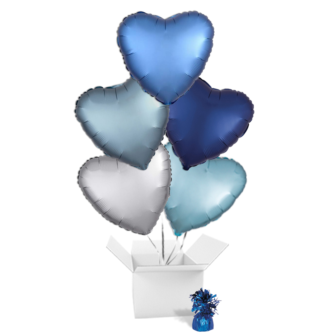 Blue Assortment Hearts Foil Helium Balloon Bouquet - 5 Inflated Balloons In A Box