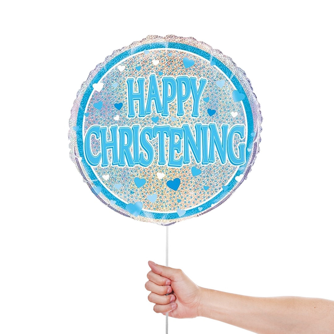 Blue Christening Holographic Round Foil Helium Balloon 46cm / 18 in Product Gallery Image