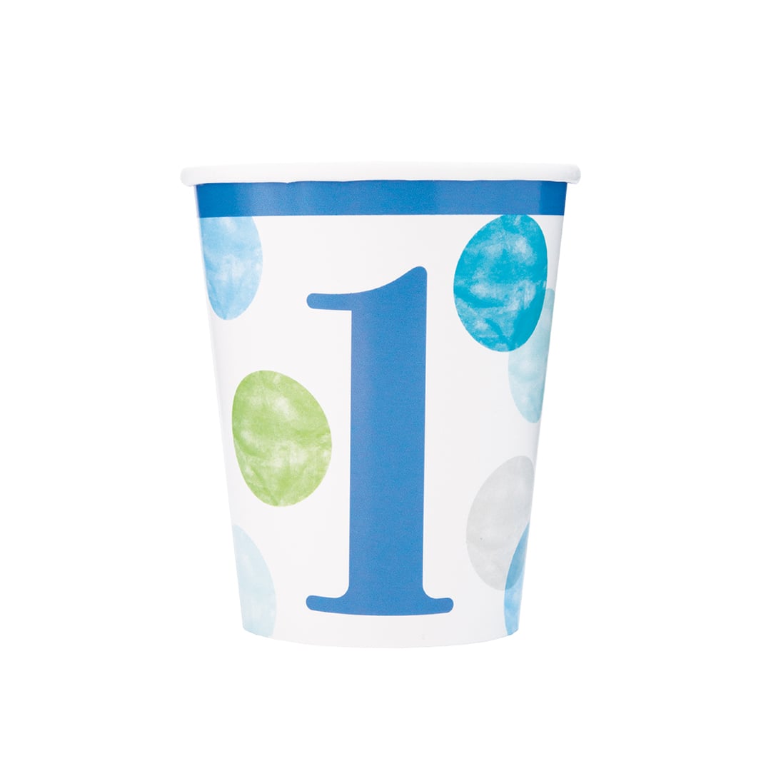 Blue Dots 1st Birthday Paper Cups 270ml - Pack of 8