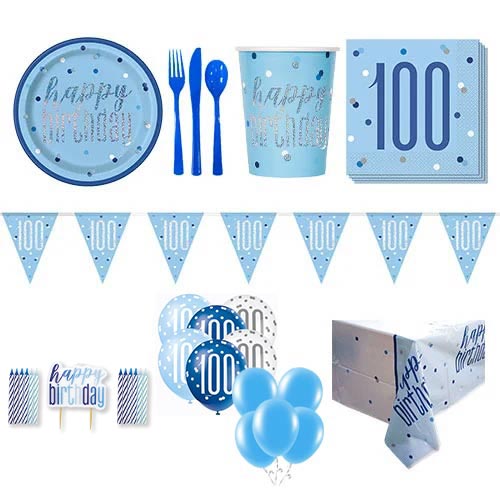 Blue Glitz 100th Birthday 16 Person Deluxe Party Pack