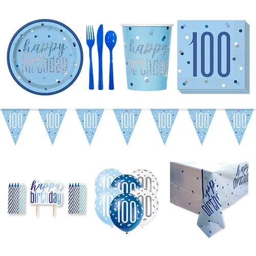 Blue Glitz 100th Birthday 8 Person Deluxe Party Pack