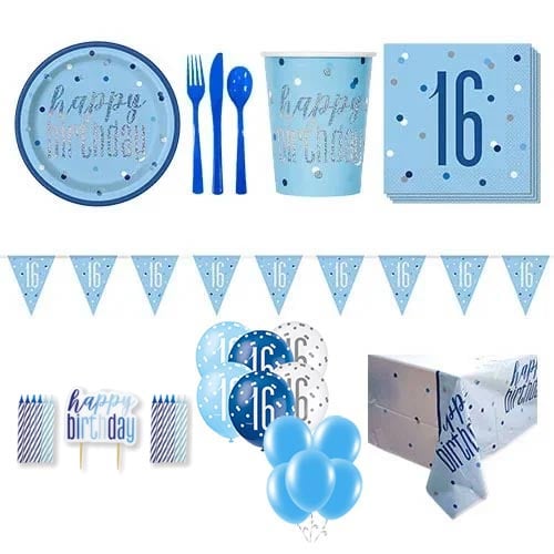 Blue Glitz 16th Birthday 16 Person Deluxe Party Pack Product Image