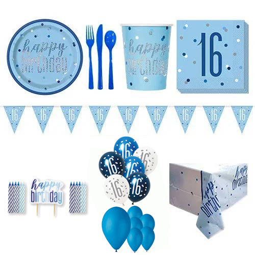 Blue Glitz 16th Birthday 16 Person Deluxe Party Pack