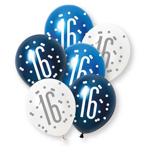 Blue Glitz Pearlescent 16th Birthday Assorted Latex Balloons 30cm / 12 in - Pack of 6