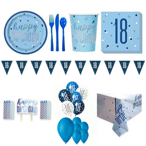 Blue Glitz 18th Birthday 16 Person Deluxe Party Pack