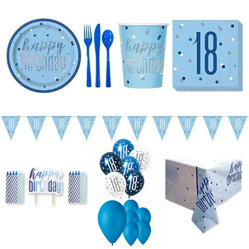 Blue Glitz 18th Birthday 16 Person Deluxe Party Pack