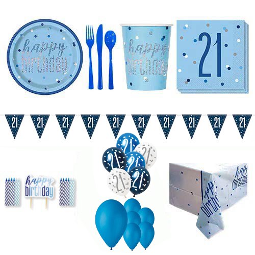 Blue Glitz 21st Birthday 16 Person Deluxe Party Pack