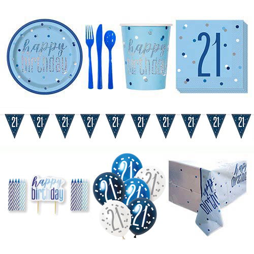 Blue Glitz 21st Birthday 8 Person Deluxe Party Pack