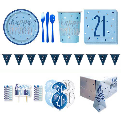 Blue Glitz 21st Birthday 8 Person Deluxe Party Pack