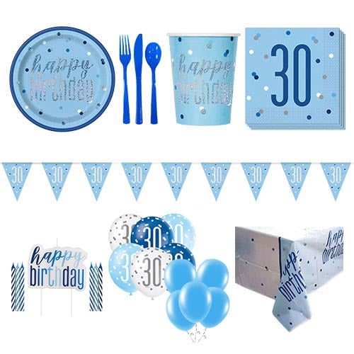 Blue Glitz 30th Birthday 16 Person Deluxe Party Pack