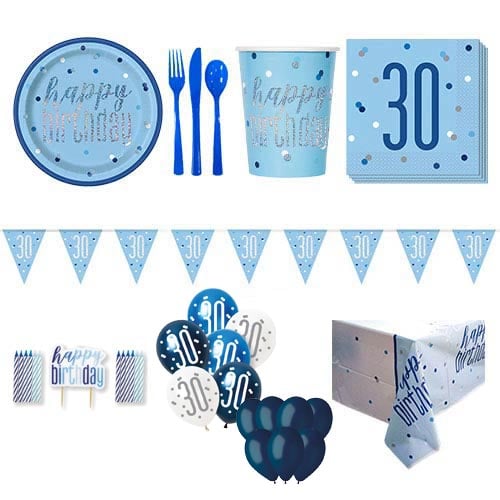 Blue Glitz 30th Birthday 16 Person Deluxe Party Pack