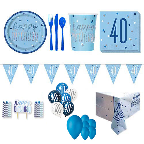 Blue Glitz 40th Birthday 16 Person Deluxe Party Pack