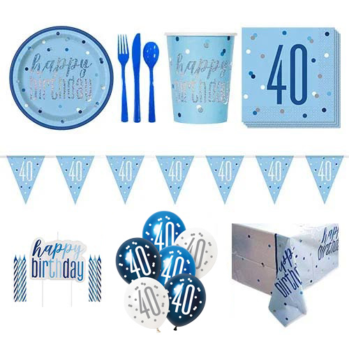 Blue Glitz 40th Birthday 8 Person Deluxe Party Pack