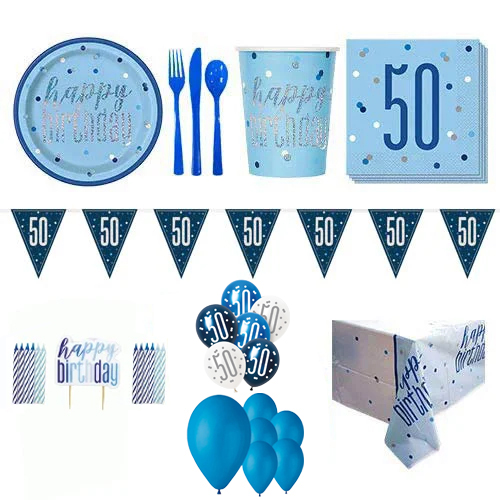 Blue Glitz 50th Birthday 16 Person Deluxe Party Pack