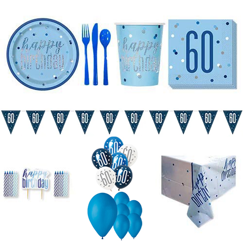 Blue Glitz 60th Birthday 16 Person Deluxe Party Pack