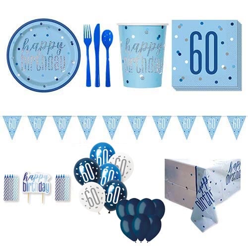 Blue Glitz 60th Birthday 16 Person Deluxe Party Pack