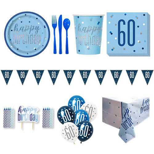 Blue Glitz 60th Birthday 8 Person Deluxe Party Pack