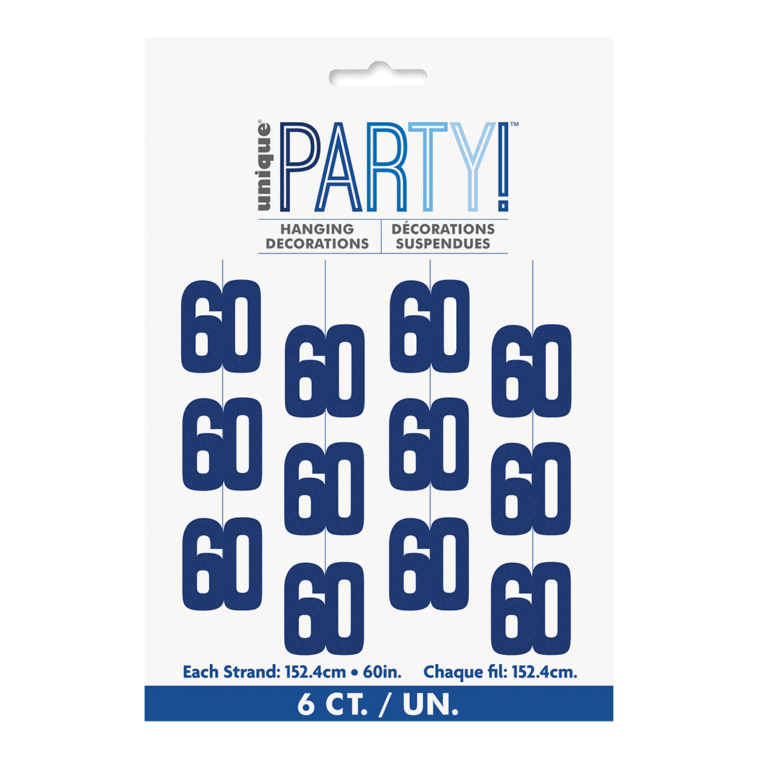Blue Glitz 60th Birthday Prismatic Foil Hanging Decorations 1.5m / 5 ft - Pack of 6 View 2
