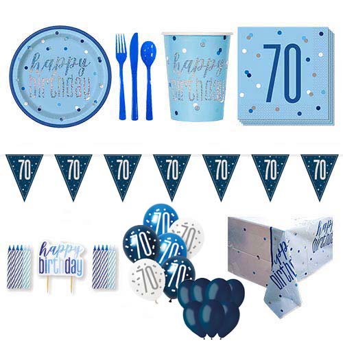 Blue Glitz 70th Birthday 16 Person Deluxe Party Pack