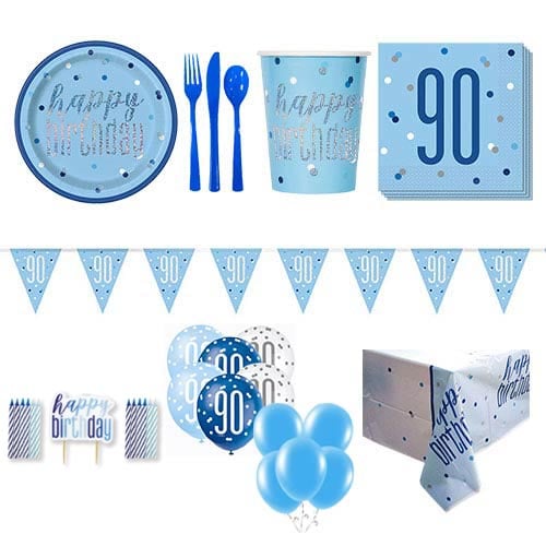 Blue Glitz 90th Birthday 16 Person Deluxe Party Pack