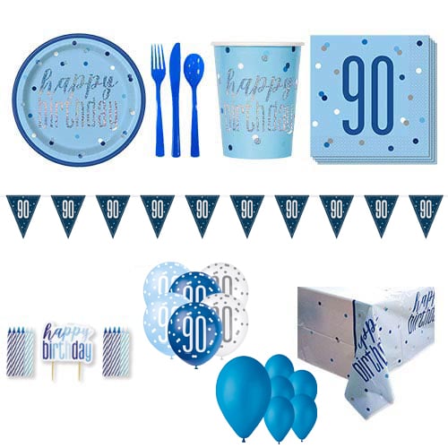 Blue Glitz 90th Birthday 16 Person Deluxe Party Pack