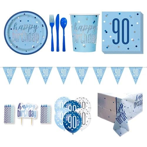 Blue Glitz 90th Birthday 8 Person Deluxe Party Pack