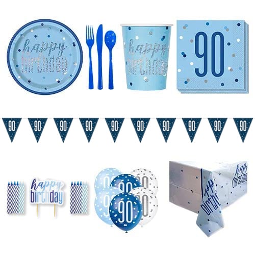 Blue Glitz 90th Birthday 8 Person Deluxe Party Pack