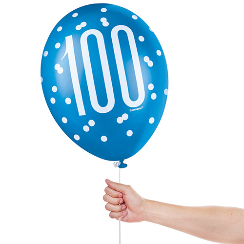 Blue Glitz Age 100 Assorted Biodegradable Latex Balloons 30cm / 12 in - Pack of 6 Product Gallery Image
