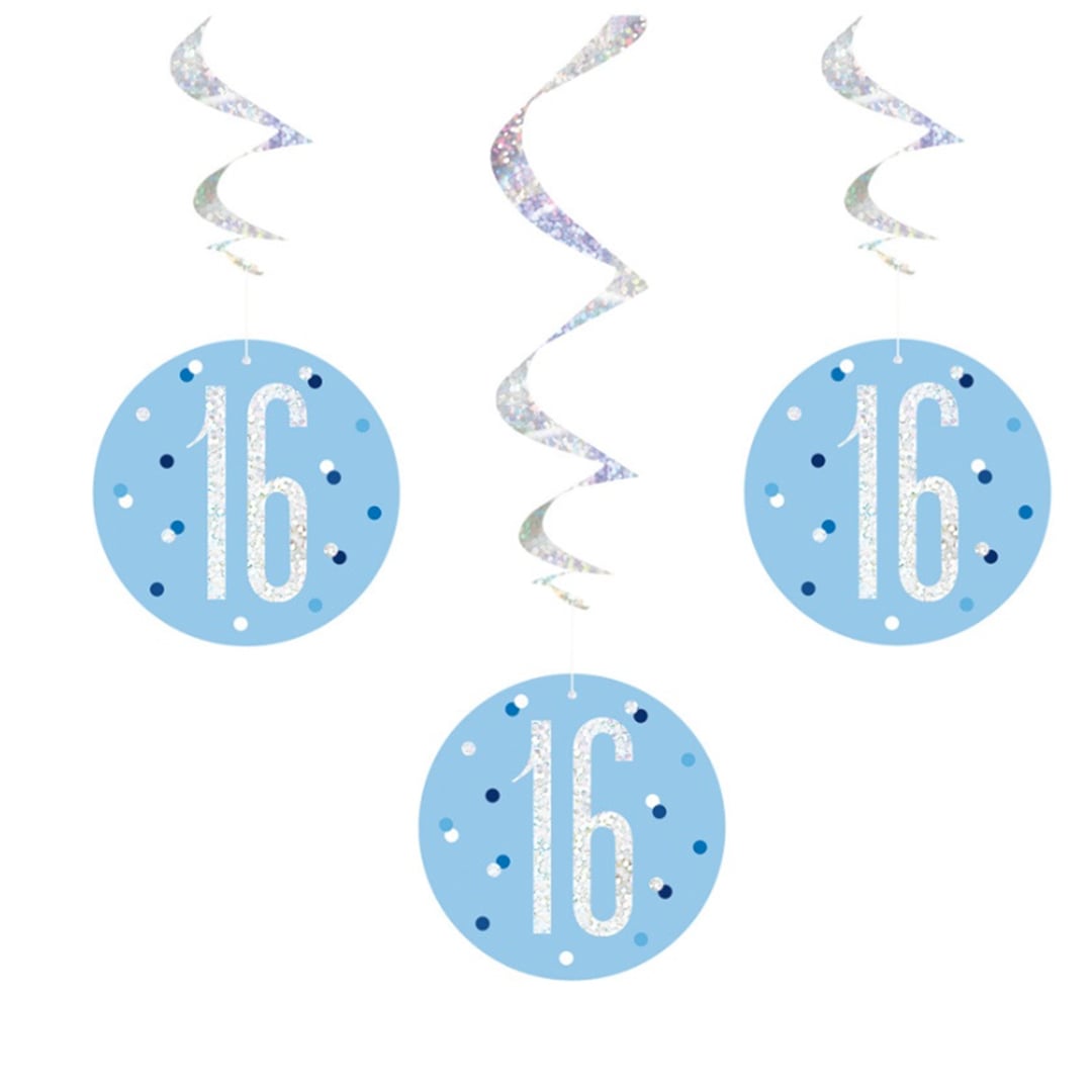 Blue Glitz Age 16 Holographic Hanging Swirl Decorations - Pack of 6
