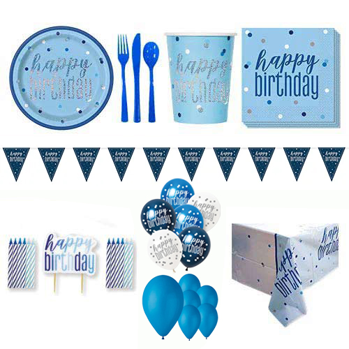 Blue Glitz Happy Birthday 16 Person Deluxe Party Pack