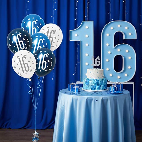 Blue Glitz Pearlescent 16th Birthday Assorted Latex Balloons 30cm / 12 in - Pack of 6 Product Gallery Image