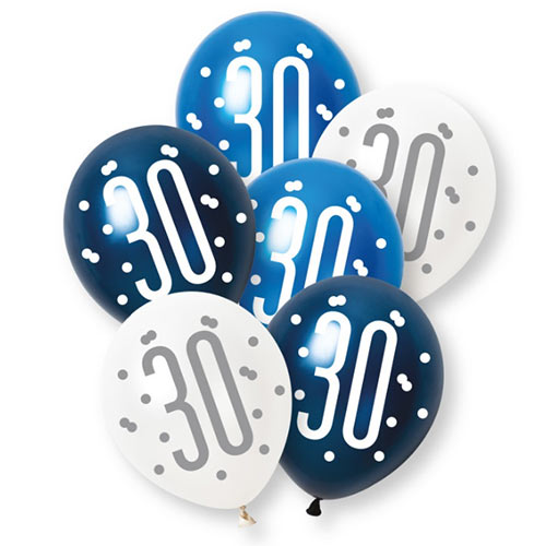 Blue Glitz Pearlescent 30th Birthday Assorted Latex Balloons 30cm / 12 in - Pack of 6