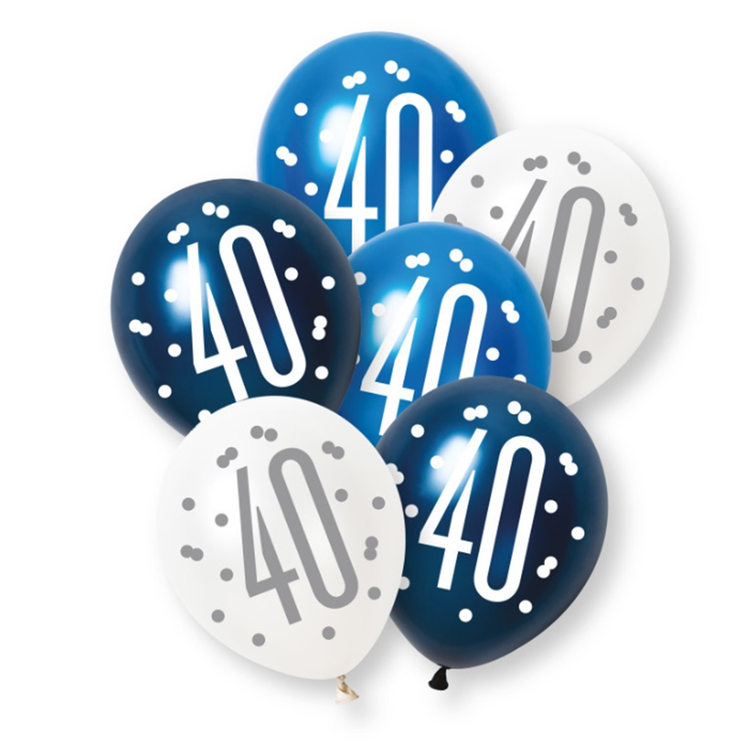 Blue Glitz Pearlescent 40th Birthday Assorted Latex Balloons 30cm / 12 in - Pack of 6